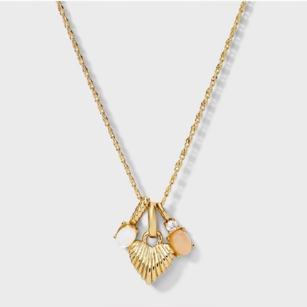 14K Gold Dipped Heart with Rose Quartz, Cubic Zirconia, Mother of Pearl Necklace